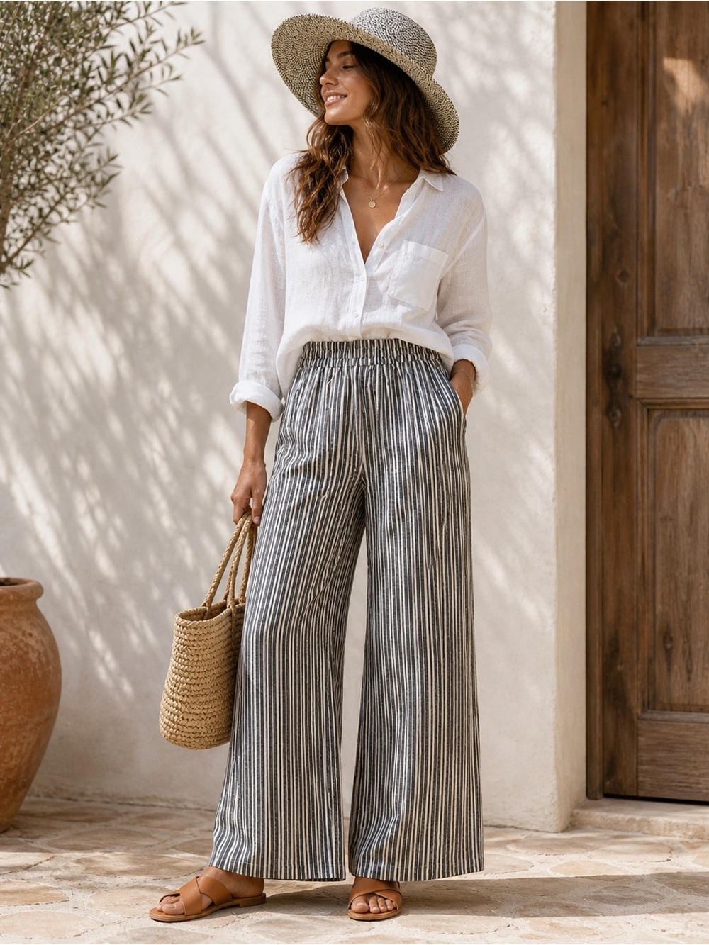 Evereve Boutique Black and Cream Striped Relaxed Linen Blend Pants with Pockets